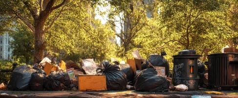 The Urban Park Surrounded by Overflowing Garbage and Littered Waste. photo