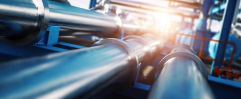 The intricate network of industrial pipes in a modern facility setting. photo