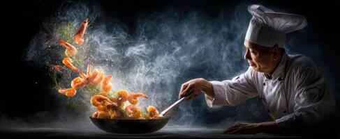 The chef skillfully prepares a delicious shrimp dish with flair and precision. photo