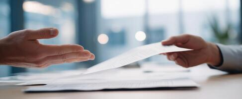 The exchange of important documents in a business meeting setting. photo