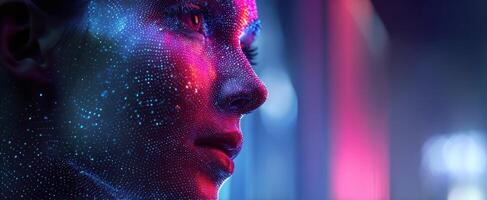 The stunning portrait of a futuristic woman illuminated by vibrant neon colors. photo