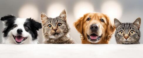 The adorable lineup of dogs and cats displaying joyful expressions in a studio setting. photo