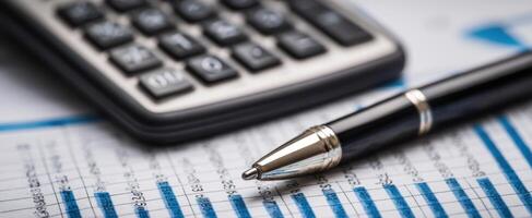 The calculator and pen on financial documents in a professional workspace. photo