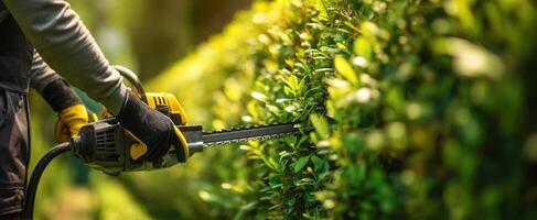 The gardener expertly trims a hedgerow with an electric hedge trimmer. photo