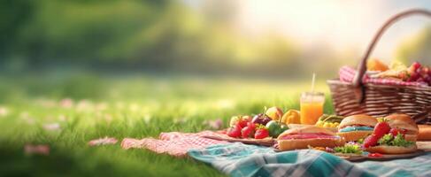 The beautiful picnic spread with colorful fruits and delicious sandwiches in sunlight. photo