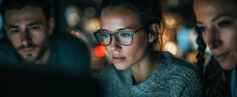 The thoughtful woman analyzing digital data with colleagues in a modern workspace. photo
