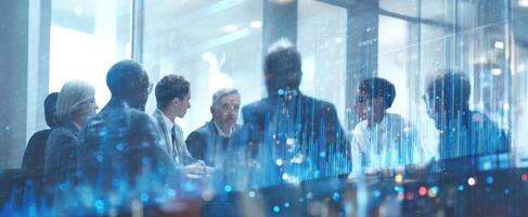 The busy meeting with data visualization in a modern office setting. photo