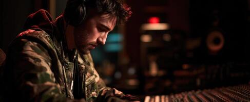 The musician immersed in the sound mixing experience in a vibrant studio environment. photo