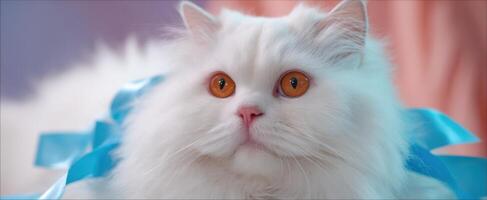 The adorable white Persian cat with striking orange eyes and a blue ribbon. photo