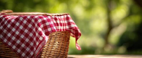 The wicker picnic basket adorned with a red checkered cloth captures summer essence photo