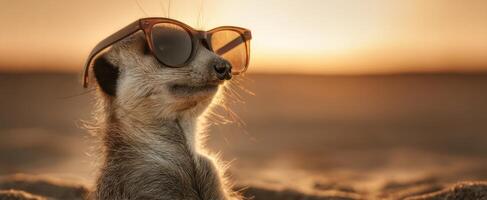 The stylish meerkat enjoying the sunset in a relaxed beach atmosphere. photo