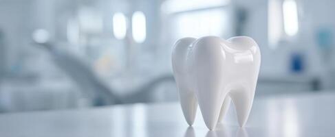 The shiny white tooth model in a modern dental clinic setting. photo
