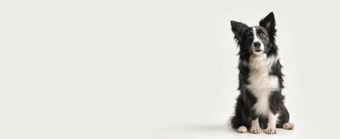 The adorable black and white border collie sitting patiently on a plain background. photo