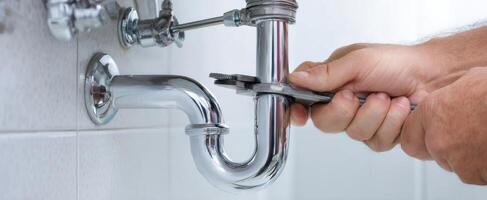The plumber fixing a chrome pipe connection in a modern bathroom setting. photo