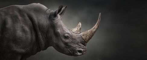 The majestic rhinoceros in a dramatic side profile against a dark background. photo
