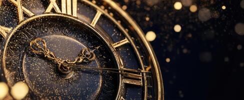 The elegant golden clock adorned with sparkling lights and rich details photo