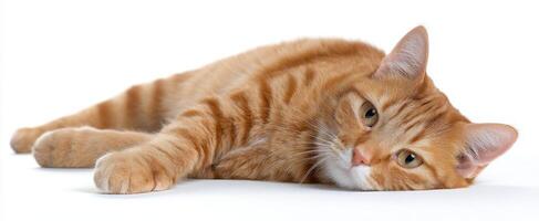 The adorable cat lounging comfortably on a clean white backdrop. photo