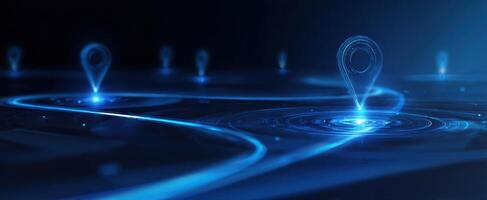 The futuristic digital navigation points illuminating a vibrant blue background. photo