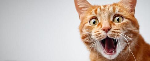 The cheerful orange cat expressing surprise and joy with its open mouth. photo