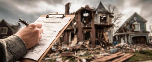 The clipboard with inspection form against a backdrop of a damaged home. photo