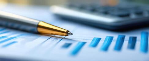 The pen resting on a financial report with a calculator in the background. photo