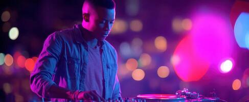 The DJ in a vibrant nightlife setting creating an electric atmosphere with music. photo