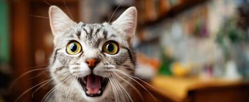 The excited cat expressing joy in a cozy home environment. photo