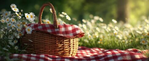 The charming picnic basket nestled among blooming daisies in a serene meadow. photo