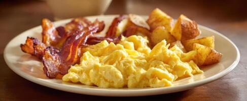 The delicious breakfast plate featuring scrambled eggs and crispy bacon. photo
