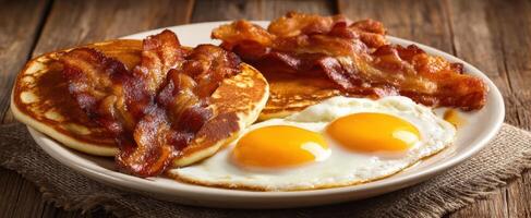 The mouthwatering breakfast plate with pancakes, bacon, and sunny-side-up eggs. photo
