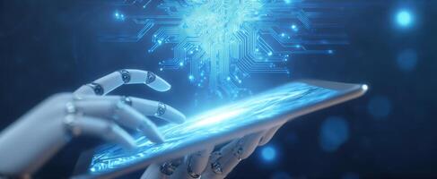 The robotic hand interacting with a high-tech tablet in a digital landscape. photo