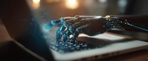 The robotic hand interacting with a laptop, symbolizing advanced technology and artificial intelligence. photo