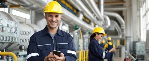The smiling workers in helmets using mobile phones in an industrial setting. photo