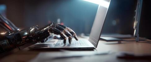 The robotic hand typing on a laptop in a futuristic workspace. photo