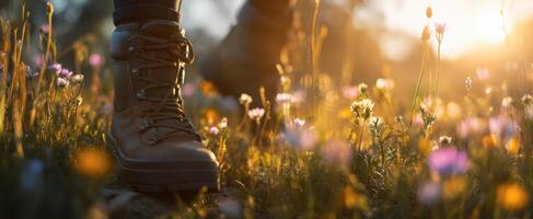 The Hiking Boot Amidst Colorful Wildflowers at Golden Sunset photo