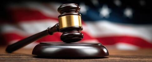 The gavel resting on a wooden surface with an American flag backdrop photo