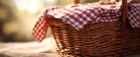 The wicker picnic basket draped with a checkered cloth under soft sunlight. photo