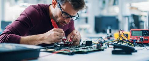 The technician focused on repairing a complex circuit board in a modern workspace. photo