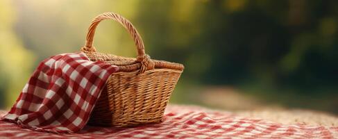 The wicker basket adorned with a checkered blanket in a serene outdoor setting. photo