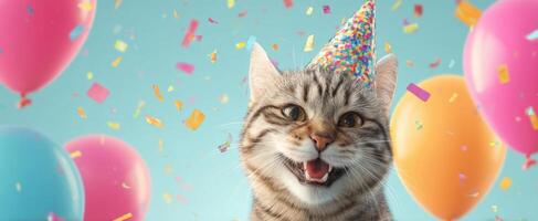 The happy cat celebrating with colorful balloons and a festive party hat. photo