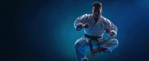 The karate practitioner executing a powerful jumping kick against a dramatic blue backdrop. photo