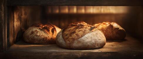 The freshly baked loaves of bread warming in a rustic oven. photo