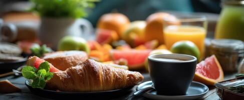 The delicious croissant surrounded by fresh fruits and aromatic coffee. photo