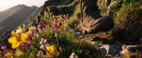 The hiking boot surrounded by vibrant wildflowers on a mountain trail. photo