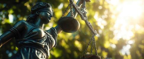 The statue of Justice holding scales in a serene outdoor setting photo