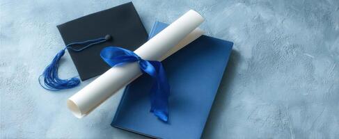 The graduation cap and diploma with books on a textured blue background. photo