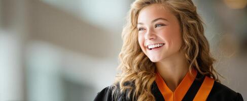 The graduate smiling with joy in her cap and gown celebrating success photo