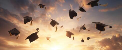 The graduation caps soaring beautifully under a colorful sunset sky. photo