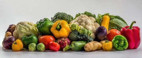 The vibrant collection of fresh vegetables on a neutral background. photo
