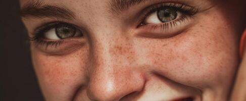 The joyful girl with striking freckles and captivating green eyes photo